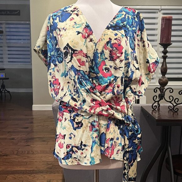 Nicole Miller Tops - Nicole Miller Woman Blouse Plus Size 2X Satin Multicolor Floral Waist Tie V-Neck